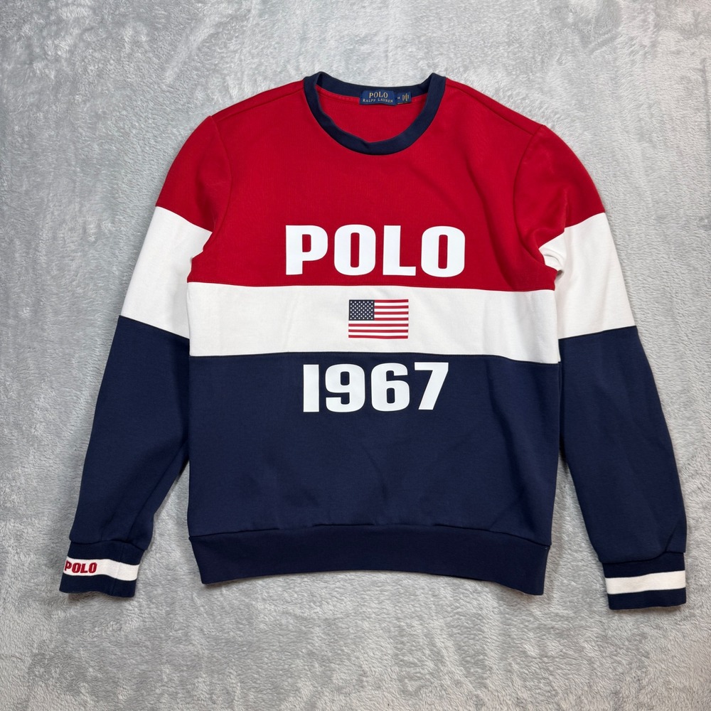 Polo Ralph Lauren Sweatshirt Mens M Red White Blue USA Flag 1967 Graphic Y2K